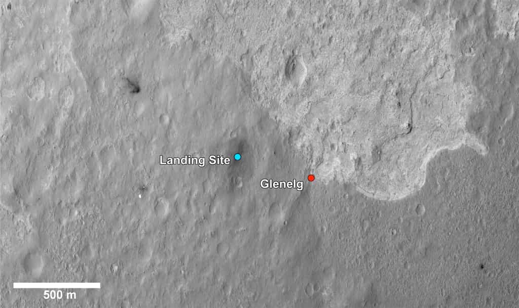 Comme le montre très bien cette vue prise depuis l'orbite martienne, Glenelg se situe à la jonction de trois sites géologiques différents. Le retour scientifique pourrait être des plus intéressant. © Nasa/JPL-Caltech/Univ. of Arizona