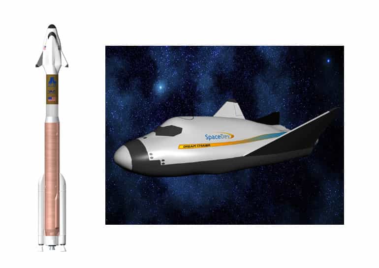 Le projet d'avion spatial de SpaceDev (filiale de Sierra Nevada) qui pourrait être lancé par une Atlas 5 de ULA. Crédit SpaceDev