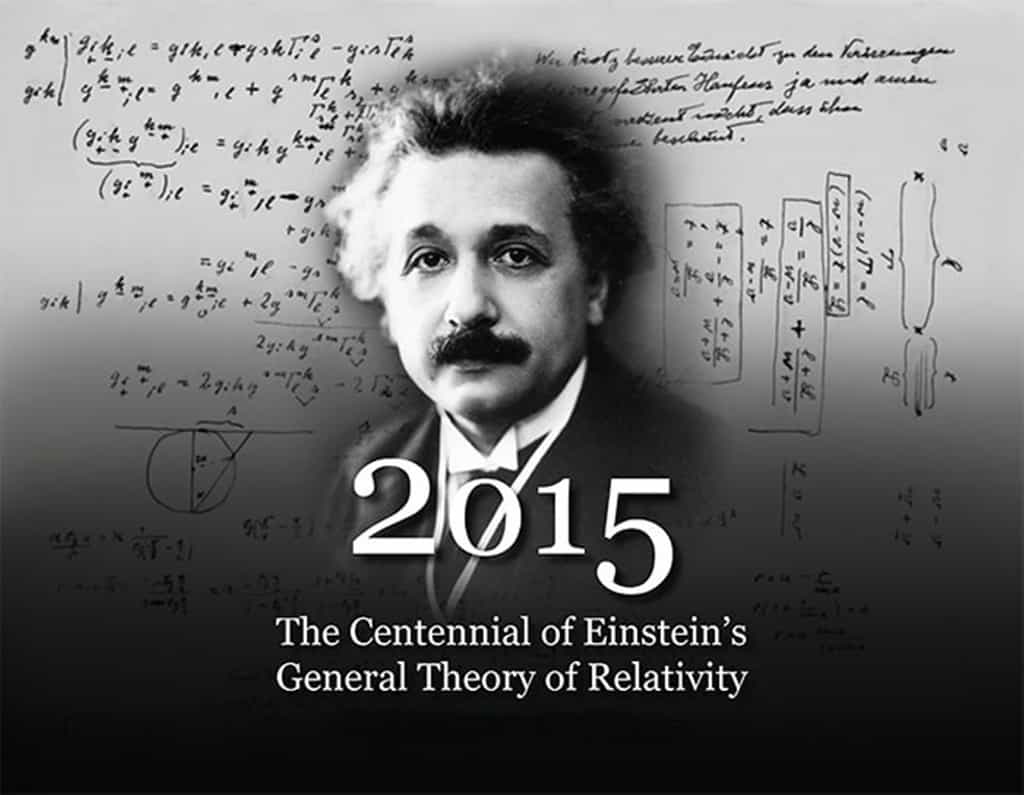Un montage pour le centenaire de la théorie de la relativité générale d'Einstein. En arrière-plan des extraites des travaux manuscrits d'Einstein. © American Institute of Physics