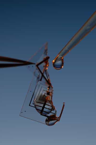 Cet appareil électronique biocompatible, intégré dans de la soie, se dissout en présence d’eau. Il se compose entre autres d’une diode, de transistors et de condensateurs. © Tufts University et University of Illinois
