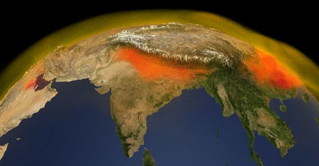 Cette carte 3D publiée par la Nasa montre des émissions de méthane importantes du côté de l’Inde et de la Chine, dues, pour les premières à la riziculture notamment et pour les secondes, aux activités industrielles. © Nasa, Scientific Visualization Studio