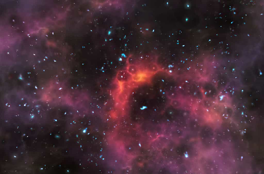 Cette vue d'artiste représente l'univers un milliard d'années après le Big Bang, lorsqu'il a commencé à devenir transparent aux rayons ultraviolets. © ESO/ M. Kornmesser