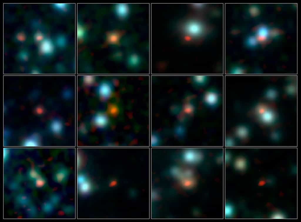 Cette image montre les plans rapprochés de quelques-unes des galaxies de l'univers jeune observées par Alma, dans la constellation australe du Fourneau. Les observations du télescope, effectuées à des longueurs d'onde submillimétriques, figurent en orange et en rouge, et se superposent au cliché infrarouge de la région pris par la caméra Irac qui équipe le télescope spatial Spitzer. © Alma (ESO, NAOJ, NRAO), J. Hodge et al., A. Weiss et al.,&nbsp;Nasa Spitzer Science Center
