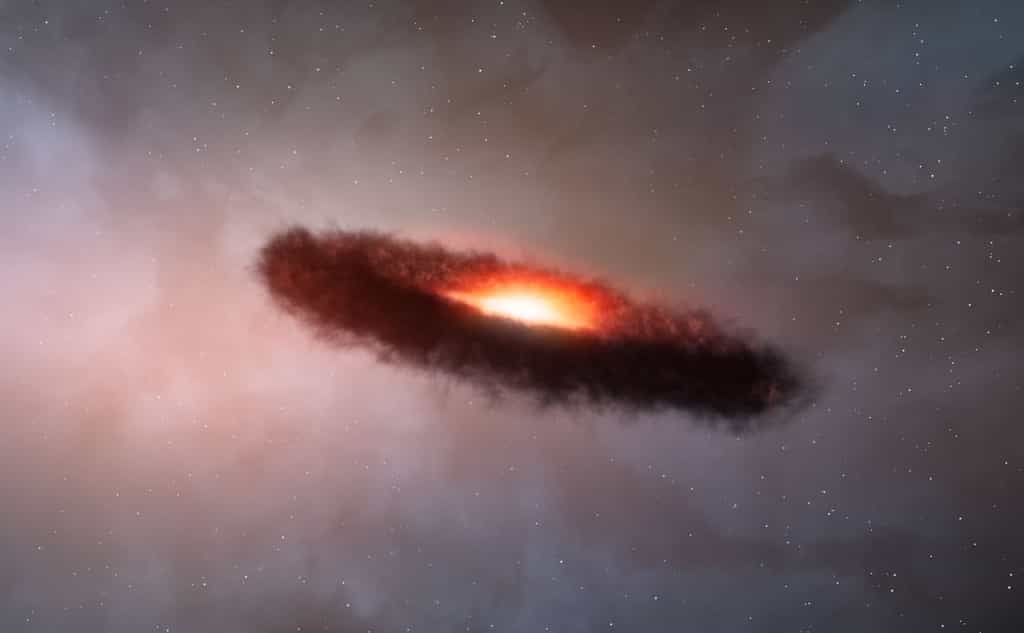 Cette vue d'artiste montre le disque de gaz et de poussière cosmique autour d'une naine brune,&nbsp;un objet semblable à une étoile, mais trop petit pour briller comme elle.&nbsp;© Alma (ESO,&nbsp;NAOJ,&nbsp;NRAO), M. Kornmesser (ESO)