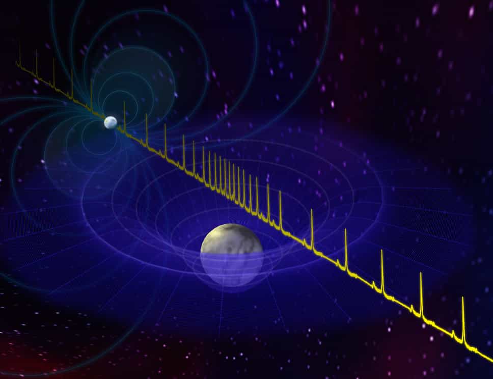 Sur cette image d'artiste, on voit en haut à gauche le pulsar. Le signal radio qu'il émet passant au voisinage de la naine blanche, il subit un délai d'autant plus grand que la masse de la naine blanche est importante, selon les équations de la relativité générale. © Bill Saxton, NRAO/AUI/NSF