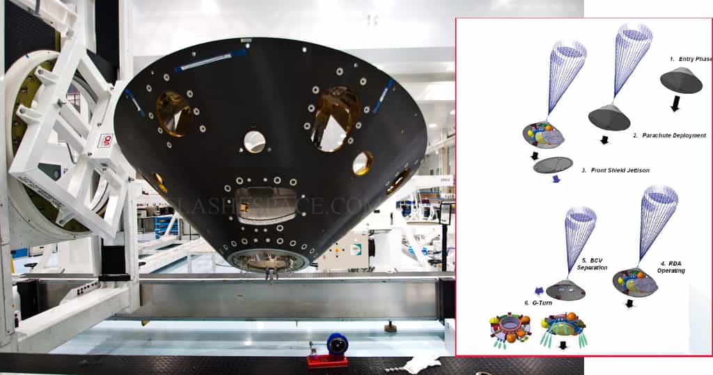 Une partie du bouclier thermique du démonstrateur EDM de la mission ExoMars 2016 qui se compose d’un cône arrière (backshell, à l’image) et d’un cône avant (heatshield). © Remy Decourt/Futura-Sciences