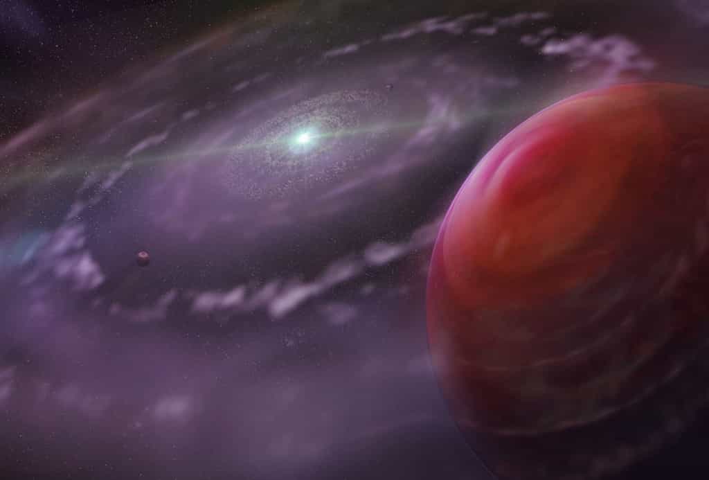 Une vue d'artiste des exoplanètes en formation dans le disque protoplanétaire de HR 8799. Les géantes gazeuses sont peut-être apparues selon les mêmes mécanismes que dans le Système solaire. © Dunlap Institute for Astronomy &amp; Astrophysics, Mediafarm