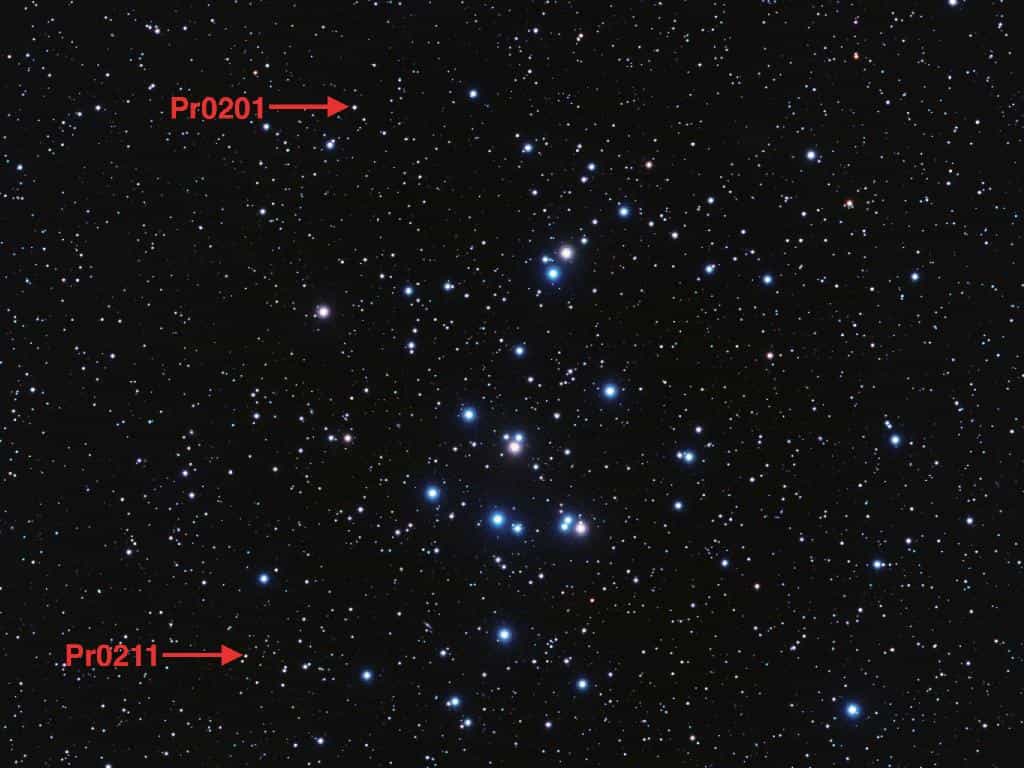 Cette image montre l'amas ouvert Praesepe. Les deux exoplanètes que l'on y a découvert sont en orbite autour des étoiles indiquées par les deux flèches.&nbsp;© Nasa