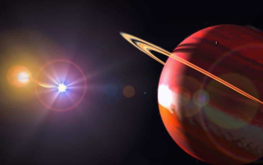 Une vue d'artiste d'une des exoplanètes orbitant peut-être autour de UZ Fornacis. On voit représentée la matière arrachée à la naine rouge par la naine blanche. © SAAO 2011 