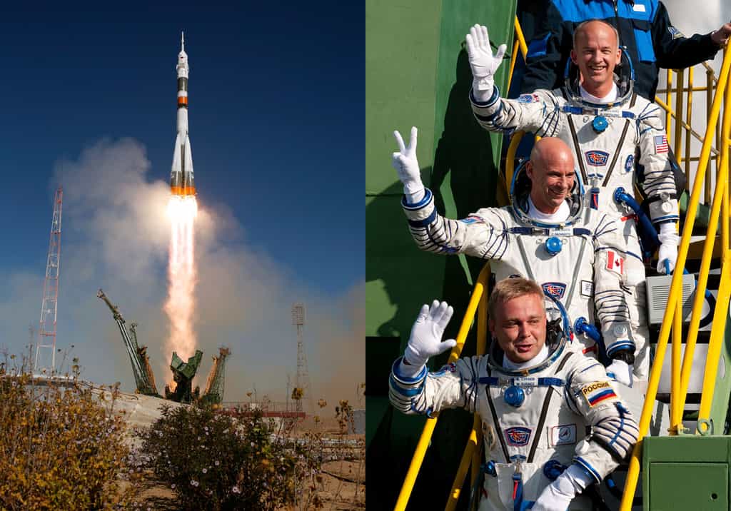 Décollage le 30 septembre 2009 du Soyouz TMA-16 avec à son bord les deux astronautes de l'Expedition 21 et le touriste spatial Guy Laliberté (au centre). Crédits Nasa/Bill Ingals