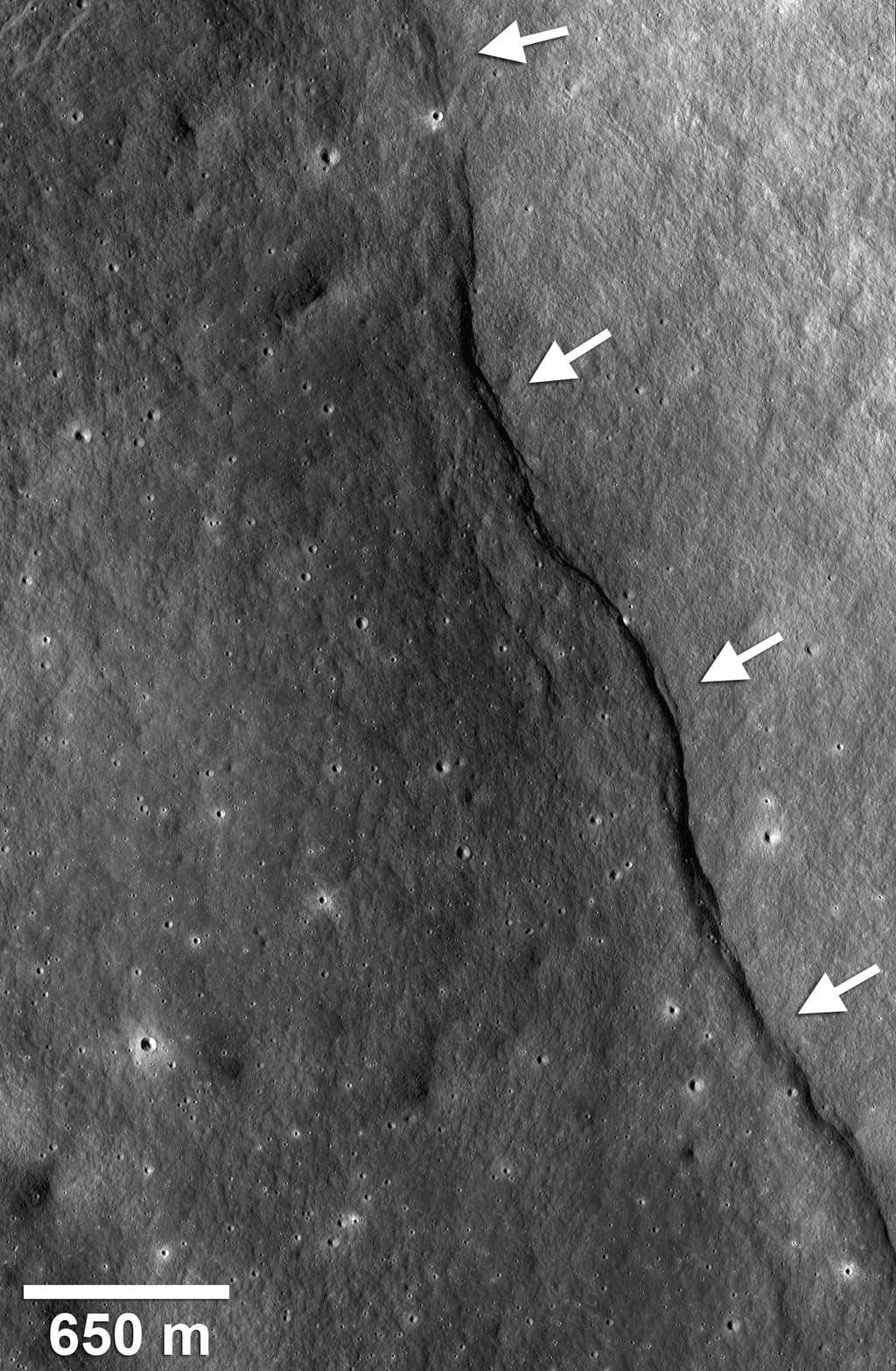 Près du cratère Gregory (2,1°N, 128,1°E), un escarpement de faille est bien visible, comme le montrent les flèches blanches. Crédit : Nasa/Goddard/Arizona State University/Smithsonian