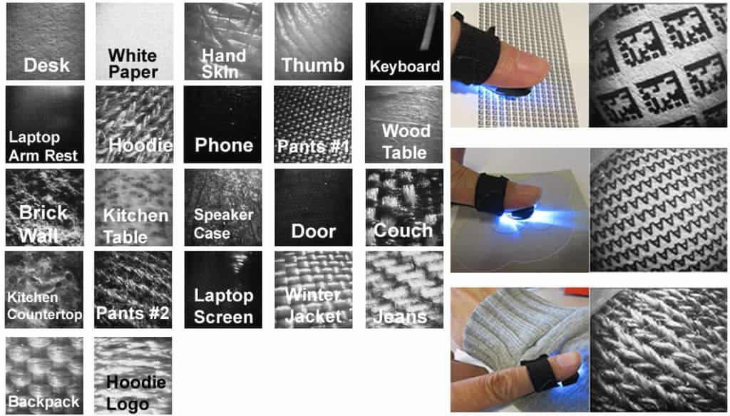 Vingt-deux textures peuvent être détectées par la microcaméra intégrée à Magic Finger. À chaque texture, l'utilisateur aura&nbsp;associer une action. En touchant du tissu, par exemple, on peut couper la sonnerie d’un téléphone portable qui n’est pas à portée de main. © Autodesk Research