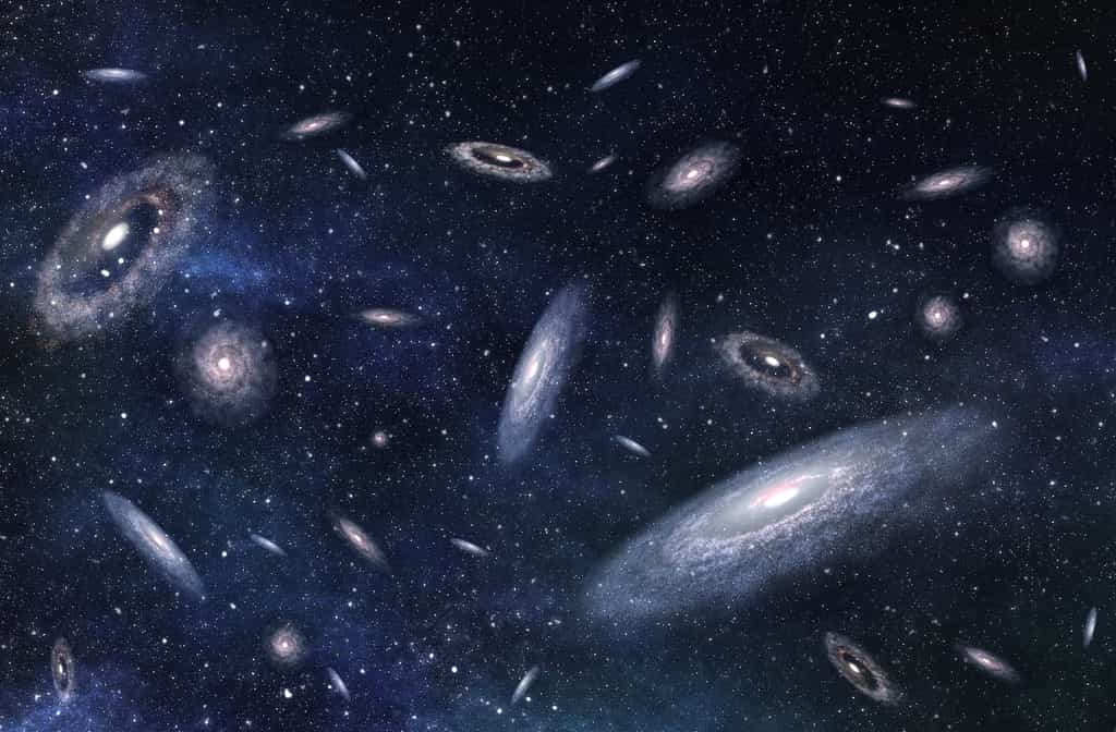 Une vue d'artiste de galaxies se repoussant sous l'effet d'une cinquième force. © vchalup, Adobe Stock