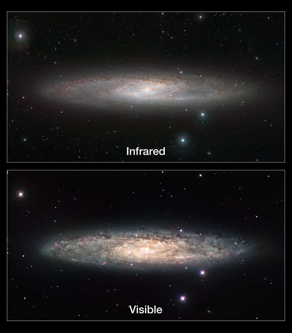 Alors que les images réalisées dans le visible montrent les nombreux nuages de poussière de la galaxie NGC 253, le cliché réalisé en infrarouge par Vista permet de révéler les astres froids à l'intérieur et autour de la galaxie. Crédit Eso