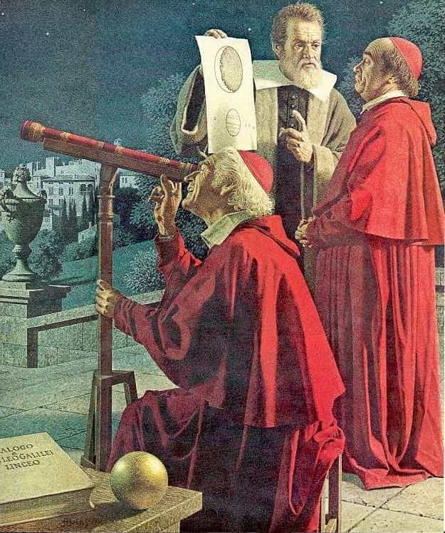En organisant des observations (ici avec deux cardinaux) Galilée espérait faire accepter son modèle d'Univers héliocentrique en accord avec ses découvertes astronomiques. Peinture de Jean-Léon Huens.
