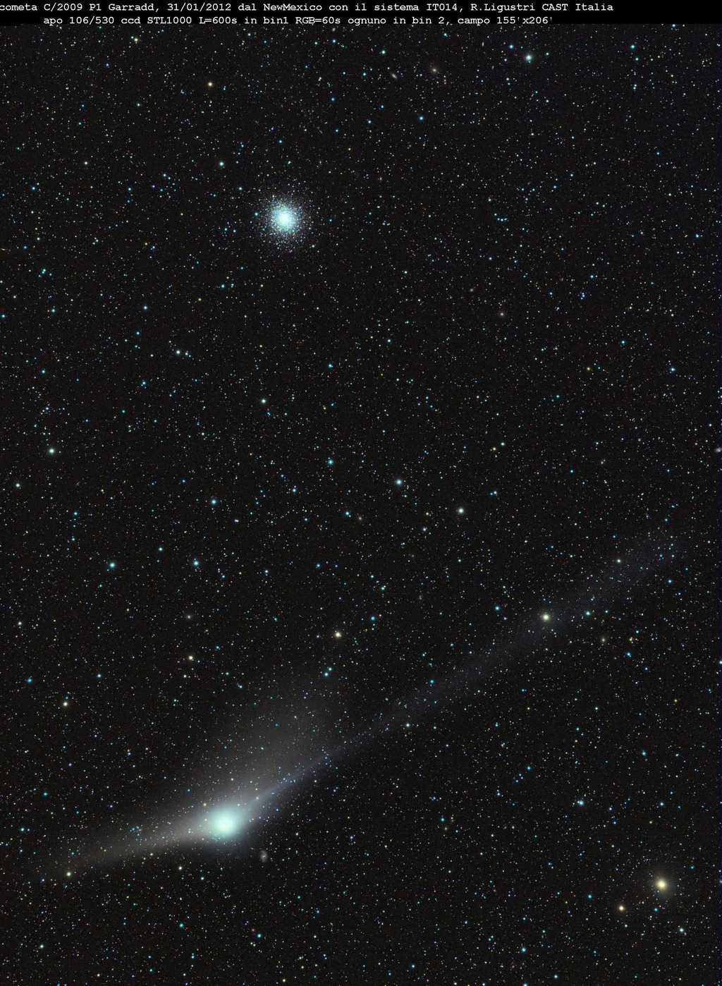La comète Garradd photographiée le 31 janvier 2012 à proximité de l'amas globulaire M 92. © R. Ligustri