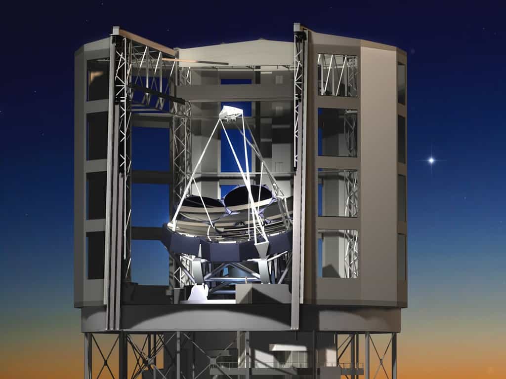 Le Giant Magellan Telescope fait partie des trois projets de télescopes géants. Il se compose de 7 miroirs primaires de 8,4 m de diamètre chacun qu'il faut tailler pour obtenir l'équivalent d'une surface collectrice de 24,5 m. © University of Arizona