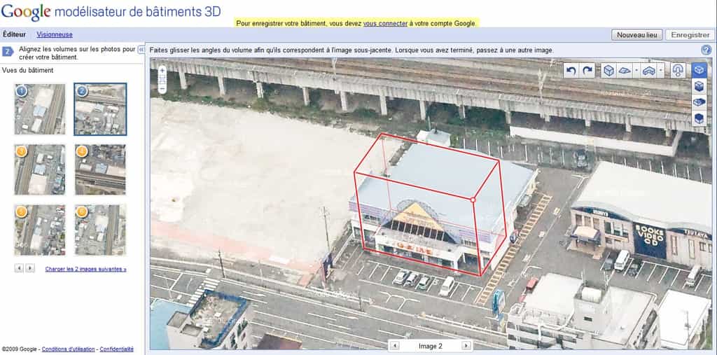 Interface de l'application de Google Building Maker. On y aperçoit les différentes prises de vue permettant d'ajuster les volumes. © 2009 Google