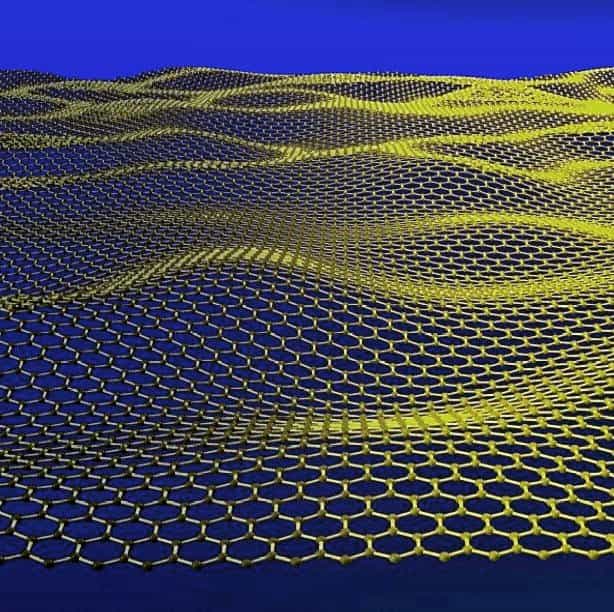 Une représentation d'artiste d'un feuillet de graphène avec la structure hexagonale des atomes de carbone formant le feuillet. © Jannik Meyer