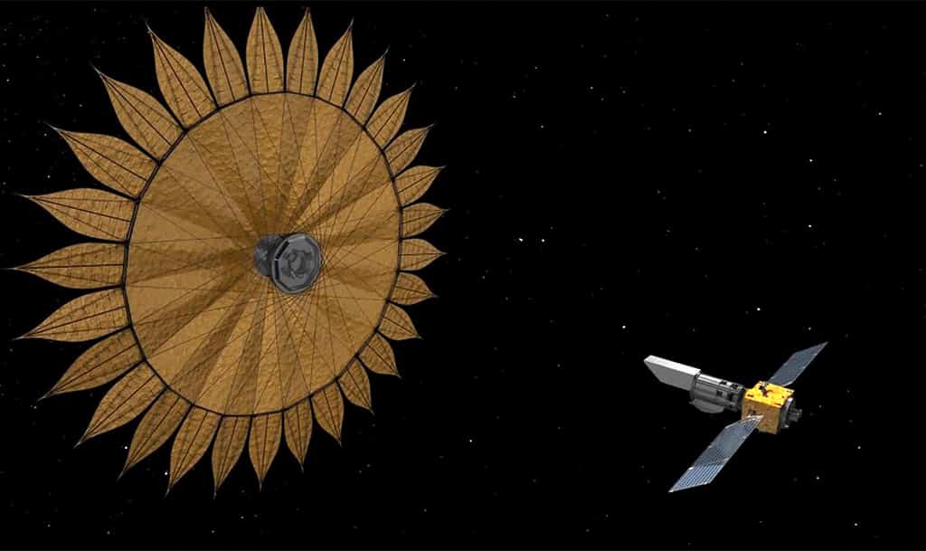 Concept à l'étude pour la mission Habex avec un gigantesque occulteur en forme de pétale (starshade) pour bloquer la lumière parasite des étoiles. © Nasa, JPL