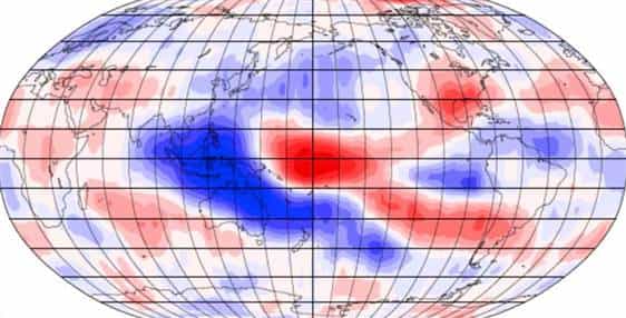 La hauteur des nuages dépend également des événements climatiques ayant cours sur Terre. Cette carte montre les conséquences du phénomène météorologique La Niña sur l’altitude de la couverture nuageuse au-dessus de l’Indonésie et de la région centrale du Pacifique. Les couleurs bleu et rouge représentent respectivement une augmentation et une diminution de l’altitude des nuages. L’intensité des couleurs est à mettre en relation avec l’importance des variations. © Université d’Auckland /Nasa JPL-Caltech