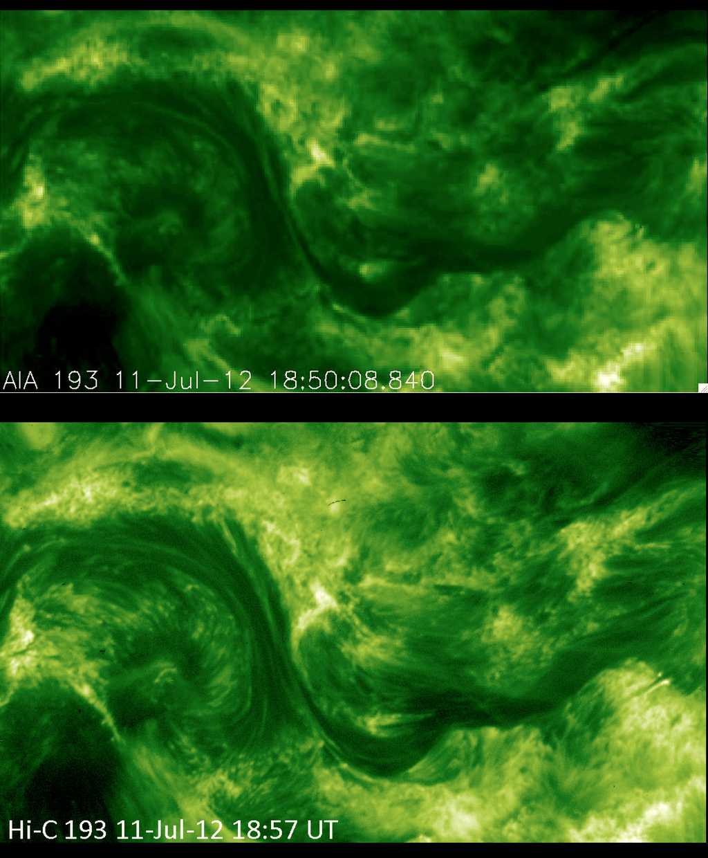 Comme le montre l'image de la couronne solaire acquise par le petit télescope spatial HI-C (image du bas), la résolution est bien meilleure que ce que permet l'Observatoire spatial du Soleil, SDO. Des détails de la même région, simplement suggérés sur l'image de SDO (image du haut), sont clairement visibles avec HI-C. © Nasa