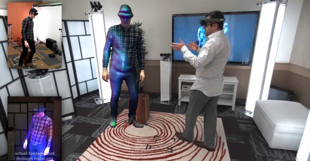 Le dispositif Holoportation développé par Microsoft fonctionne à partir de caméras 3D disséminées dans une pièce et d’un casque HoloLens ou Vive (HTC) pour visualiser l’avatar de la personne avec laquelle on converse. © Microsoft Research