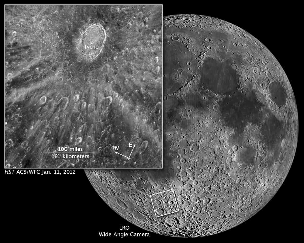Pour tester ses capacités à rester longtemps pointé sur la même région lunaire, Hubble a visé le célèbre cratère Tycho. © Nasa/Esa/Z. Levay(STScl)&nbsp;