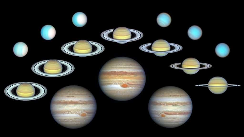 Le programme Opal — pour « Outer Planet Atmospheres Legacy » — fête ses dix ans. Ici, un montage de vues du télescope spatial Hubble sur les quatre planètes géantes extérieures de notre Système solaire : Jupiter, Saturne, Uranus et Neptune. Les images ont été prises entre 2014 et 2024. Cette longue base de référence permet aux astronomes de suivre les changements saisonniers dans l’atmosphère turbulente de chaque planète. © Nasa, ESA, Amy Simon (Nasa-GSFC), Michael H. Wong (UC Berkeley) ; Traitement d’images : Joseph DePasquale (STScI)