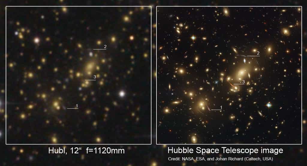 L'astrophotographe Bernhard Hubl propose ce comparatif entre son image de Abell 2218 réalisée à l'aide d'un télescope de 30 centimètres de diamètre et le même objet photographié par le télescope spatial Hubble. Crédit B. Hubl et Nasa