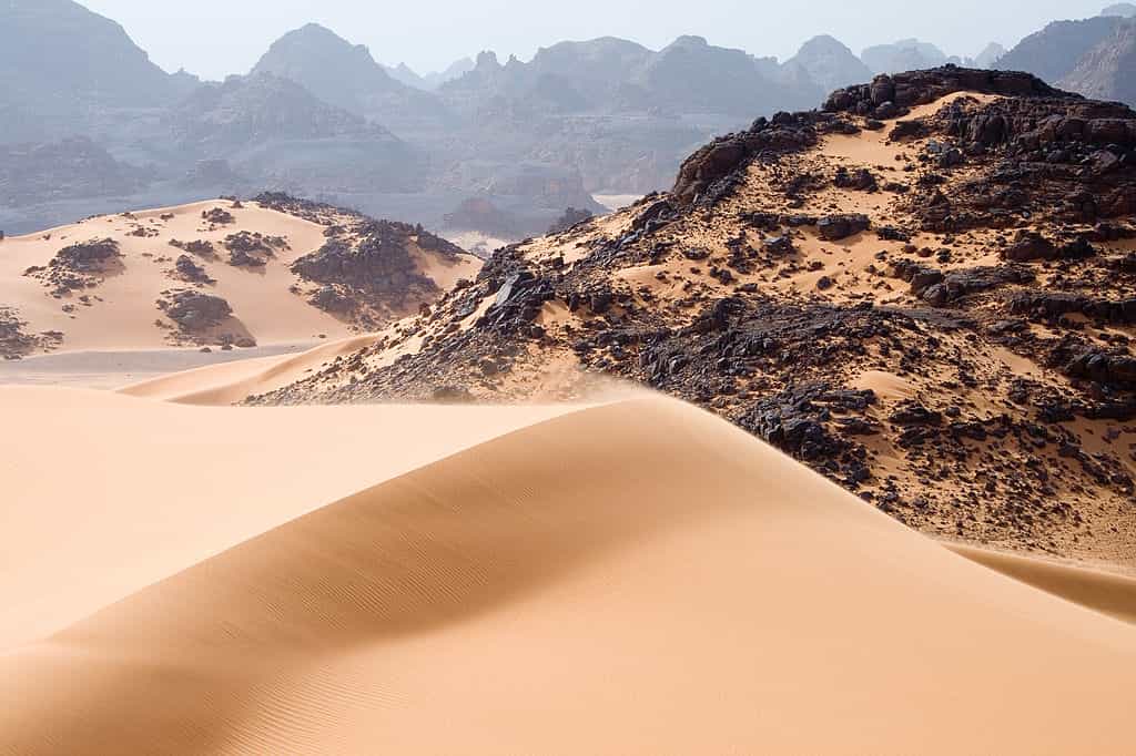 À l’image, les dunes mouvantes, rochers et montagnes dans le Tadrart Acacus, une région du Sahara dans le sud-ouest libyen. En été, la température peut dépasser 45 °C en journée. © Luca Galuzzi, Wikipédia, cc by sa 2.5