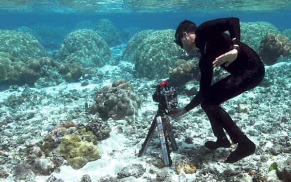 Ved Chirayath&nbsp;prend en photo les&nbsp;récifs coralliens sous l'eau, à l'aide d'un appareil&nbsp;à 360°.&nbsp;© Dan Griffin, Université&nbsp;Stanford