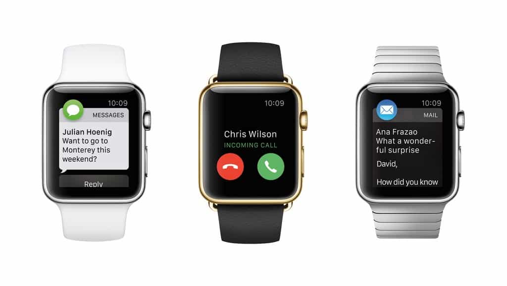 La montre connectée Apple Watch sera disponible à compter du 24 avril. Elle est déclinée en trois modèles et deux tailles de cadran (38 et 42 mm). Les prix s’étalent de 399 euros à plus de 15.000 euros pour le modèle en or 18 carats. © Apple
