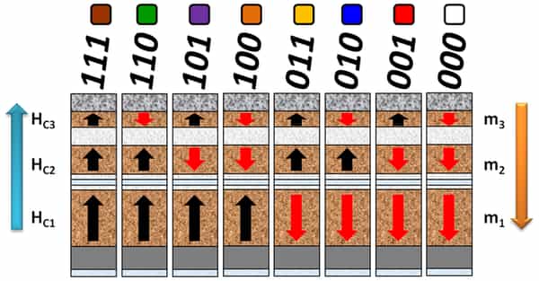 Dans cette illustration, les trois couches magnétiques constituant une colonne sont représentées. Les flèches noires symbolisent les 0 et les rouges, les 1. Ce système permet d’obtenir jusqu’à huit états magnétiques différents, au lieu de deux sur une structure habituelle. © Université de Floride, Plos One