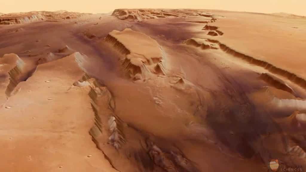 Kasei Valles est un vaste système de canyons. On voit ici une vallée se partager en deux bras. © Esa, université libre de Berlin (groupe de sciences planétaires et de télédétection), DLR