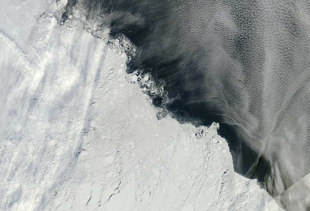 Une image de la banquise arctique au nord-est des îles de Nouvelle-Sibérie, saisie par l'instrument Modis du satellite Terra de la Nasa le 13 septembre 2013. La glace de mer domine la moitié inférieure gauche de l'image. À droite se trouve&nbsp;l'océan, surmonté&nbsp;de formations nuageuses.&nbsp;©&nbsp;Nasa Worldview