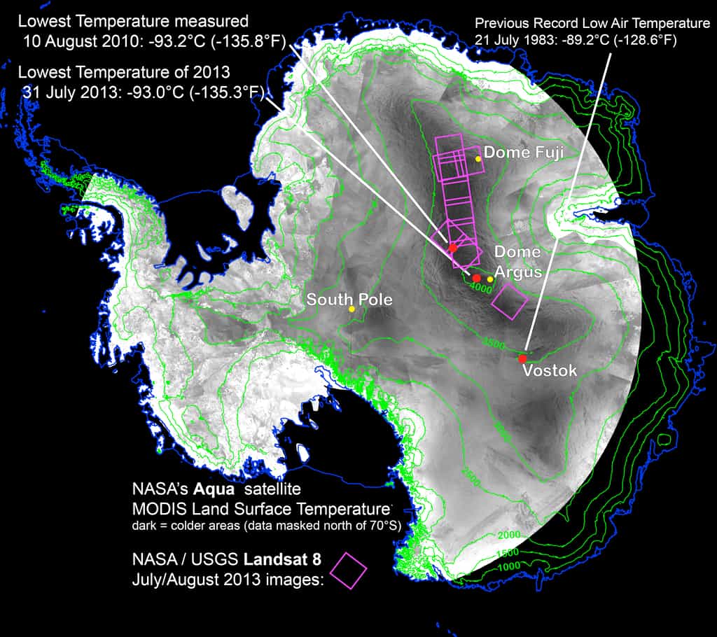 À partir des satellites Aqua, Terra et Landsat 8 (lancé en février 2011), l'équipe du chercheur Ted Scambos identifie le site le plus froid du monde juste au pied de la crête qui lie le mont Fuji au mont Argus. © Ted Scambos, National Snow and Ice Data Center