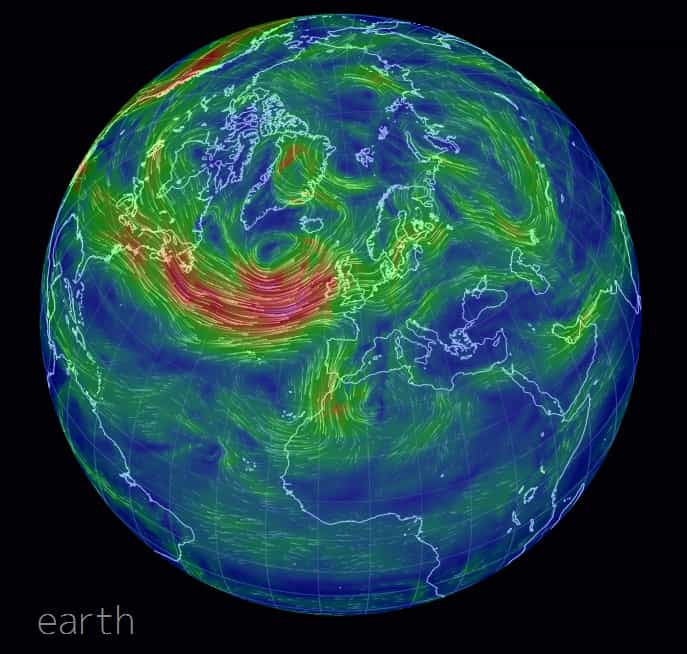 Sur le site internet Earth, on peut étudier la répartition des vents, comme dans le système dépressionnaire qui menace actuellement la France. © Capture d'écran, http://earth.nullschool.net/