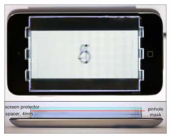 Les chercheurs de l’université de Berkeley ont positionné sur l’écran d’un iPod touch leur prototype de filtre micro-perforé. Il est placé sur un support transparent de quatre millimètres et est recouvert par un écran de protection. L’ensemble vient doubler l’épaisseur du baladeur d’Apple. © Fu-Chung Huang