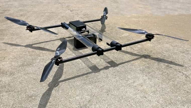 Ce drone quadricoptère nommé Hycopter est alimenté par une pile à combustible qui lui confère une autonomie de vol théorique de quatre heures. Le prototype est en cours de développement. Un premier vol d’essai est prévu cette année. © Horizon Energy Systems