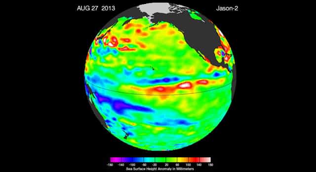 L'océan Pacifique est en conditions neutres, phase nommée La Nada. Sur l'image, les zones jaunes et rouges indiquent les niveaux de la mer les plus hauts, et donc là où les eaux sont plus chaudes que l'état moyen. Le vert (qui domine dans cette image) indique le niveau de la mer près de la normale, et les zones bleues et violettes montrent le niveau de la mer inférieur à la normale et donc où les eaux sont relativement plus froides. © Jet Propulsion Laboratory, Nasa