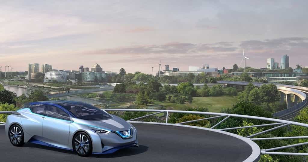 Dans la vision du futur de Nissan, la voiture électrique est un élément actif du réseau de ravitaillement qui servira à fédérer les installations et à éviter les pertes d’énergies renouvelables. © Nissan