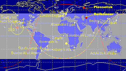 En grisé, la zone comprise entre 51°6 de latitude Nord et Sud à l'intérieur de laquelle s'inscrit l'orbite de la Station Spatiale Internationale. On voit que Baïkonour est régulièrement survolée, tandis que Plesetsk se situe nettement hors de portée.