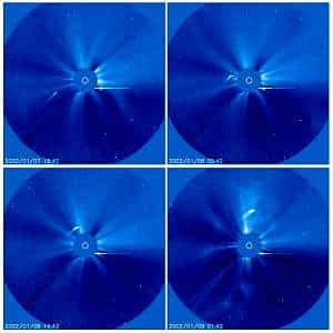 Le passage de Machholz 1 à proximité du Soleil les 7 et 8 janvier 2002, vu par SOHO. Crédit Nasa.