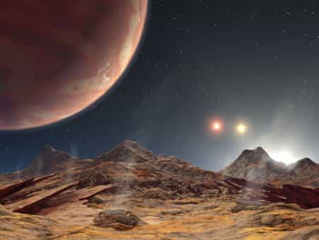 Vue d'artiste du système planétaire HD 188753, sa planète et ses 3 étoiles !