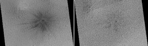 Ce cratère situé dans la partie méridionale d'Ulysse Patera n'existait pas sur les images prises par l'orbiteur de Viking 2 en 1976. Aperçu pour la première fois en 1999 par Mars Global Surveyor, il montre de nombreux rayonnements d'éjectas foncés. En 200