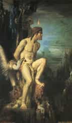 Prométhée, attaché par Zeus en punition de sa tromperie, se faisant dévorer le foie par un rapace.
Prométhée par MOREAU(Musée Moreau, Paris)