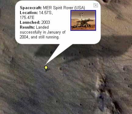 Le site d'atterrissage de Spirit, vu par Google Mars(Crédits : NASA/JPL/Arizona State University)