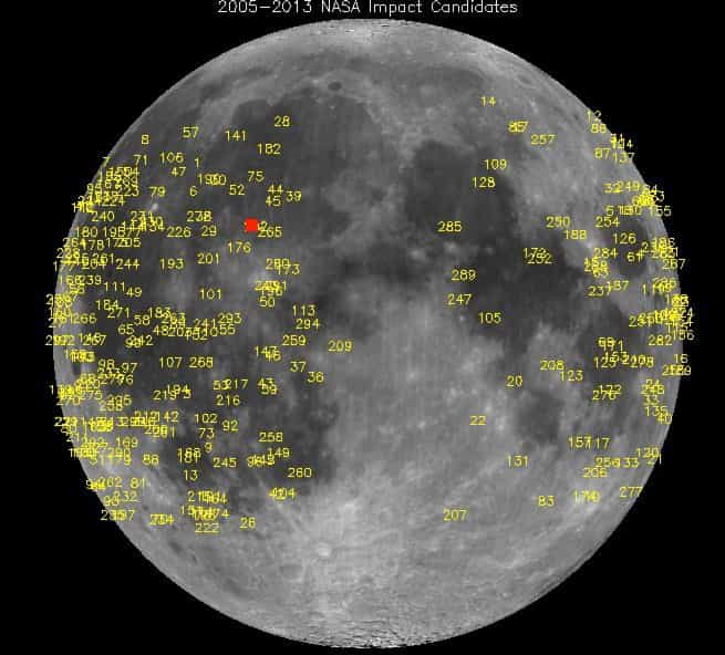 Carte des impacts de météorites à la surface de la Lune. L'explosion survenue le 17 mars 2013, indiquée par un point rouge, était visible depuis la Terre. © Nasa