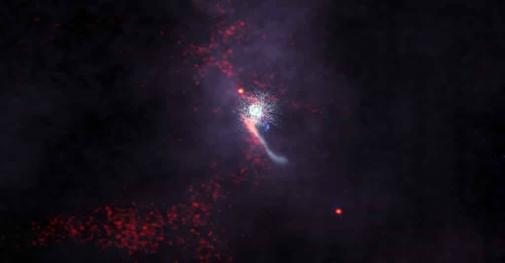 Pour la première fois, des chercheurs ont étudié à différentes longueurs d’onde, le passage d’un « intrus » dans un système stellaire et les perturbations qu’il a provoquées dans son disque protoplanétiare. © Alma (ESO/NAOJ/NRAO), S. Dagnello (NRAO/AUI/NSF), NAOJ